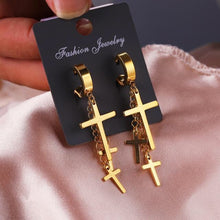 Load image into Gallery viewer, 3 Cross Gold Stainless Steel Earrings

