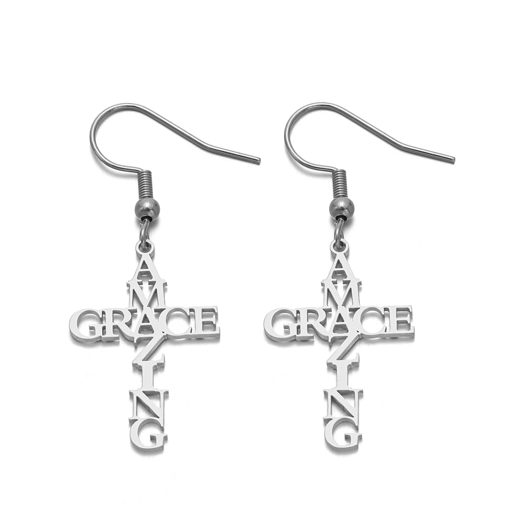 Amazing Grace Cross Stainless Steel Earrings