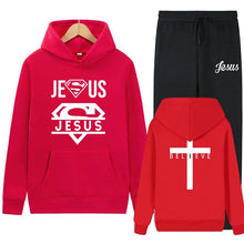 Load image into Gallery viewer, Believe Jesus Saves Superhero Jogger Set With Hood
