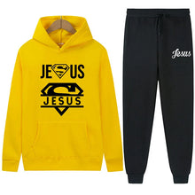 Load image into Gallery viewer, Believe Jesus Saves Superhero Jogger Set With Hood
