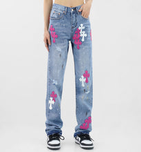 Load image into Gallery viewer, Crucified in Christ Distressed, Washed, Embroidered Cross Women&#39;s Jeans
