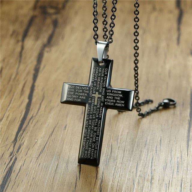 Our Father Inscribed Stainless Steel Cross Chain Necklace