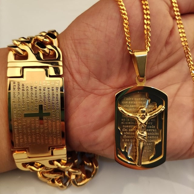18K Gold Plated or Stainless Steel Padre Nuestro Jewelry Set