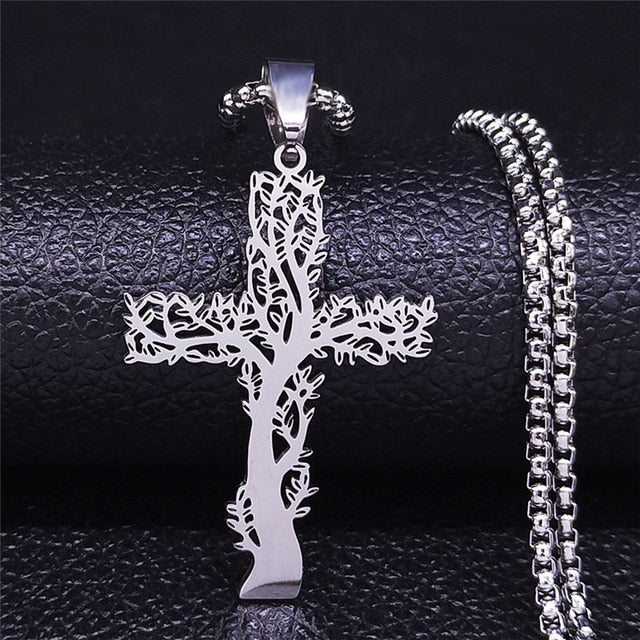 Tree of Life Cross Stainless Steel Chain Necklace