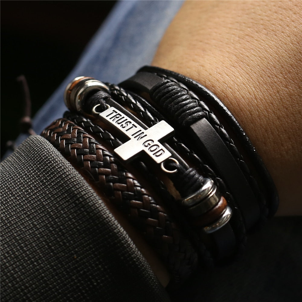 Trust God Chic Men's Leather Bracelet Set