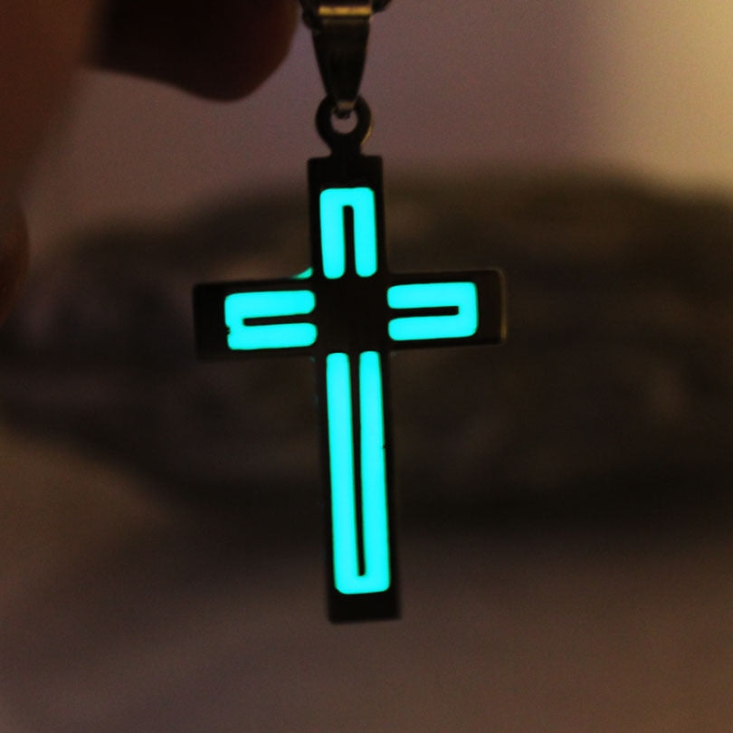 Be the Light Glow In The Dark Black Stainless Steel Cross Chain Necklace